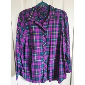 Talbots XL Shirt Womens Purple Plaid Long Sleeves‎ Button Front Blouse Cotton